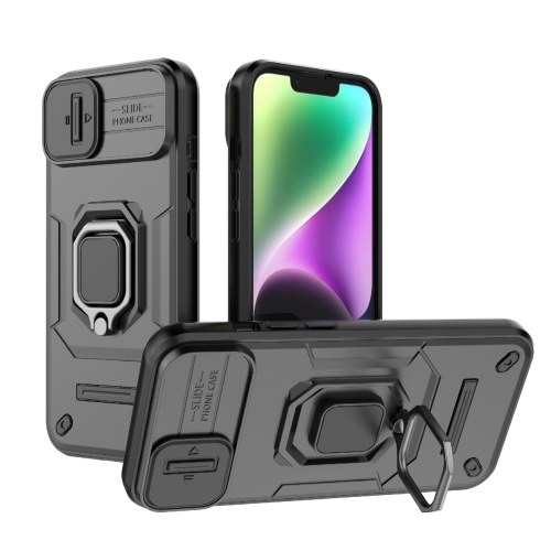 For iPhone 14 Sliding Camshield TPU + PC Shockproof Phone Case with Holder(Black) for asus zenfone 8 zs 590ks 2a007eu i006d camera lens cover silver