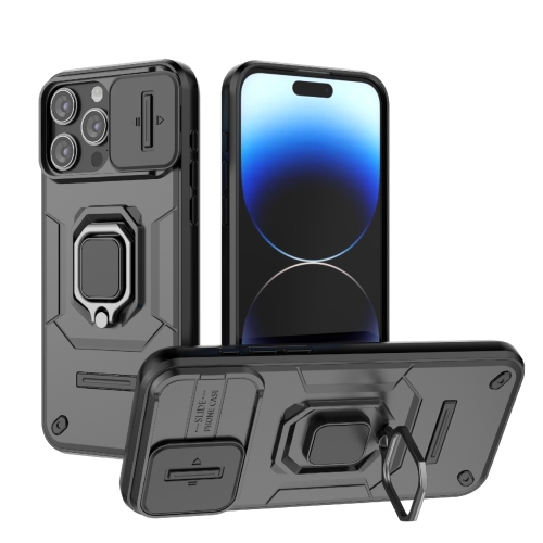 For iPhone 15 Pro Max Sliding Camshield TPU + PC Shockproof Phone Case with Holder(Black)