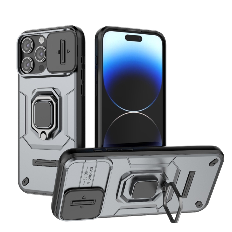 

For iPhone 15 Pro Max Sliding Camshield TPU + PC Shockproof Phone Case with Holder(Grey)