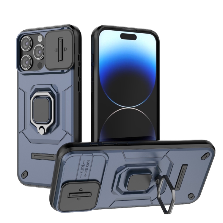 

For iPhone 15 Pro Max Sliding Camshield TPU + PC Shockproof Phone Case with Holder(Blue)