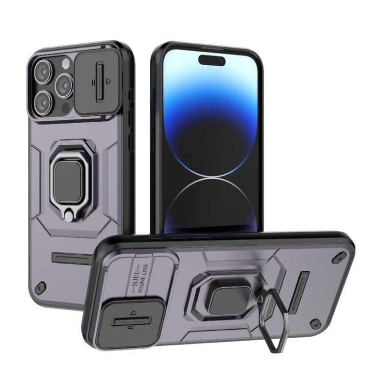 

For iPhone 15 Pro Max Sliding Camshield TPU + PC Shockproof Phone Case with Holder(Purple)