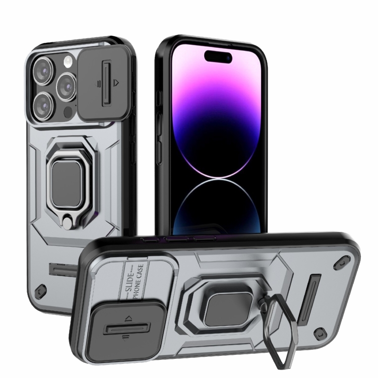 

For iPhone 15 Pro Sliding Camshield TPU + PC Shockproof Phone Case with Holder(Grey)
