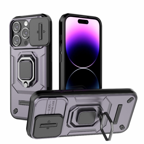 For iPhone 15 Pro Sliding Camshield TPU + PC Shockproof Phone Case with Holder(Purple) for iphone 11 pro max honeycomb radiating lens holder magsafe phone case purple