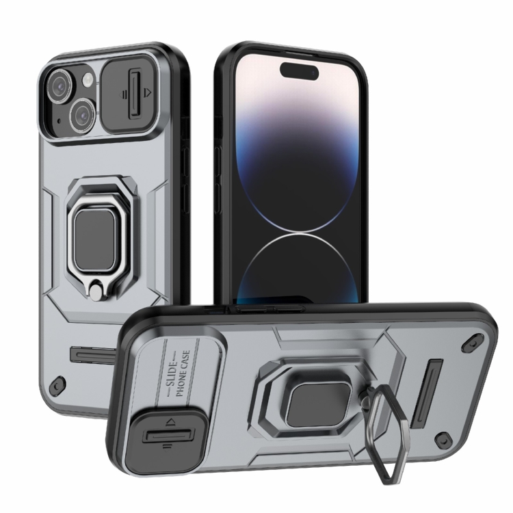 

For iPhone 15 Sliding Camshield TPU + PC Shockproof Phone Case with Holder(Grey)