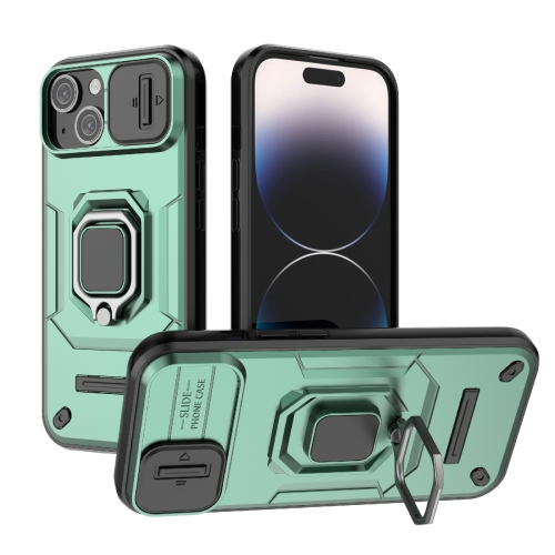 For iPhone 15 Sliding Camshield TPU + PC Shockproof Phone Case with Holder(Green) shockproof anti scratch silicone case protective cover style bones model for airtag dark blue