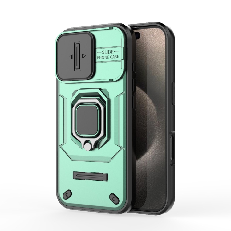 

For iPhone 16 Pro Sliding Camshield TPU + PC Shockproof Phone Case with Holder(Green)