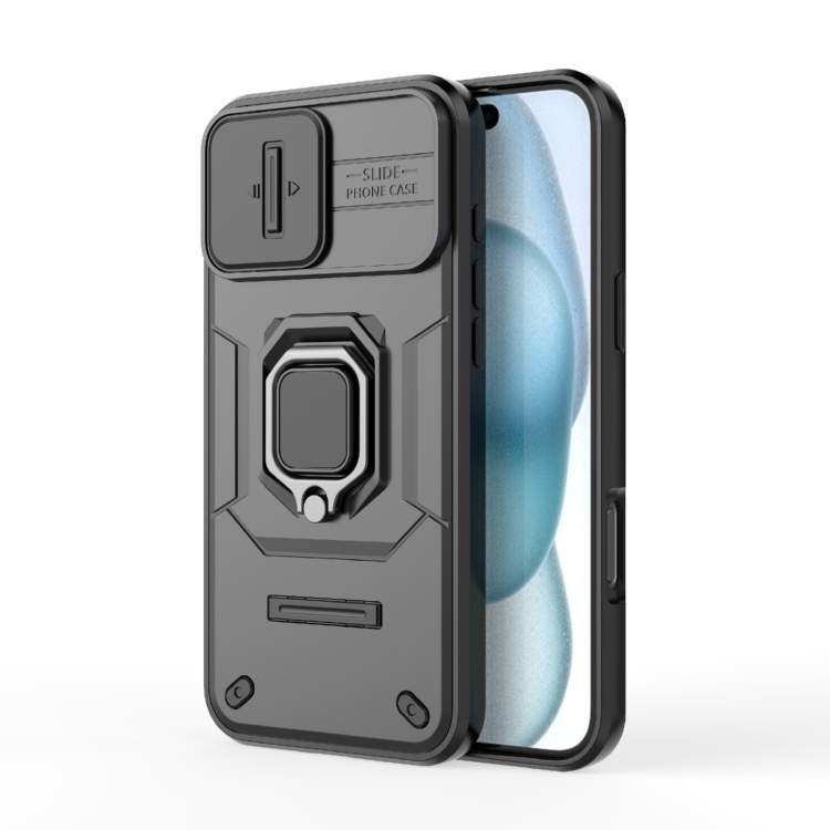 

For iPhone 16 Plus Sliding Camshield TPU + PC Shockproof Phone Case with Holder(Black)