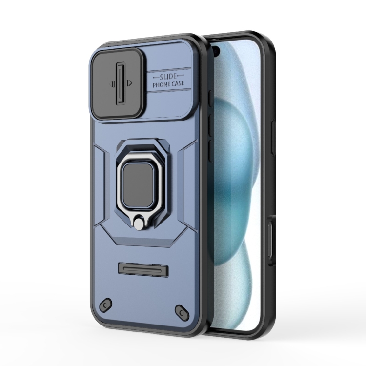 

For iPhone 16 Plus Sliding Camshield TPU + PC Shockproof Phone Case with Holder(Blue)