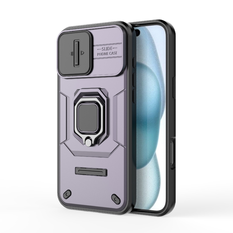 

For iPhone 16 Plus Sliding Camshield TPU + PC Shockproof Phone Case with Holder(Purple)