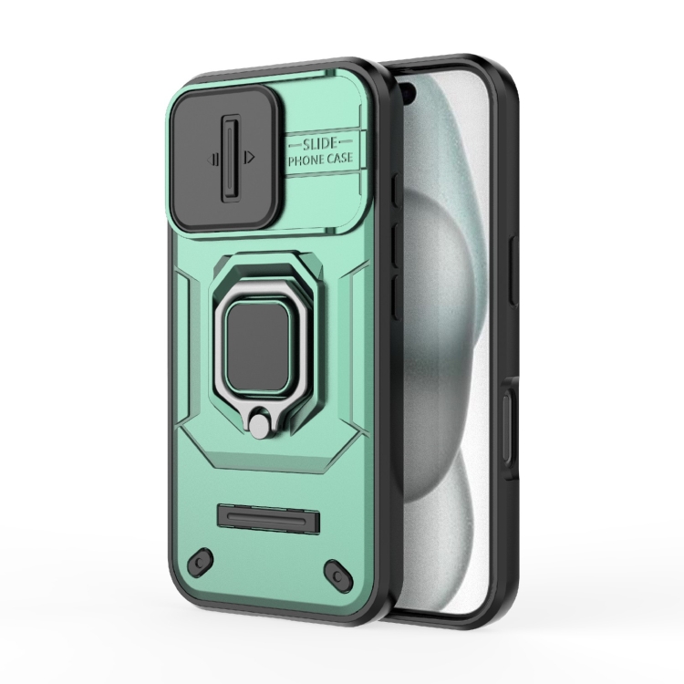 

For iPhone 16 Sliding Camshield TPU + PC Shockproof Phone Case with Holder(Green)