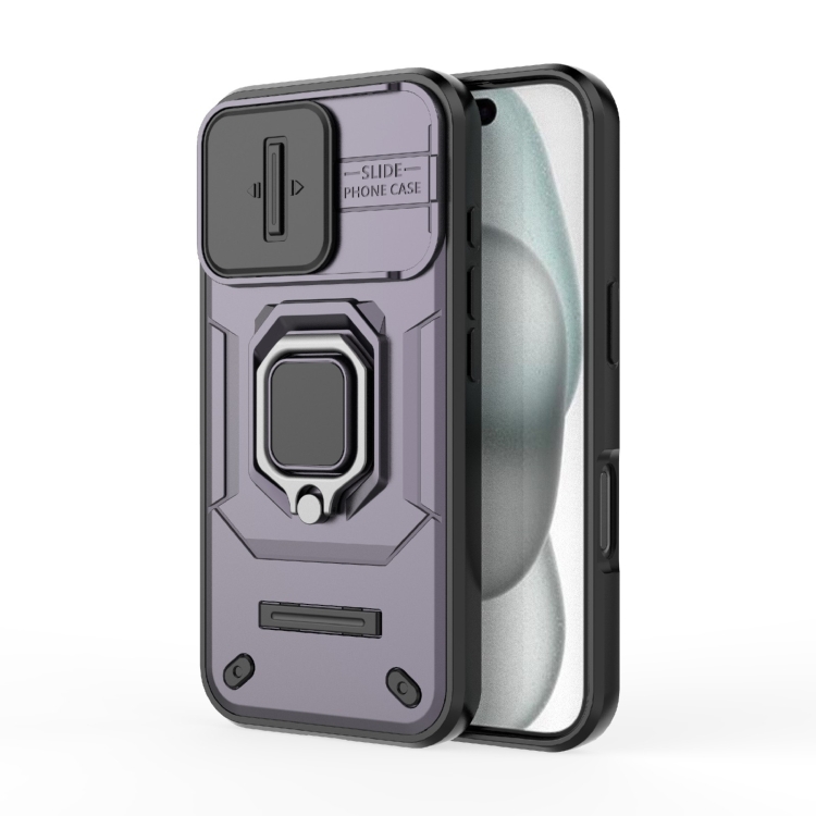 

For iPhone 16 Sliding Camshield TPU + PC Shockproof Phone Case with Holder(Purple)