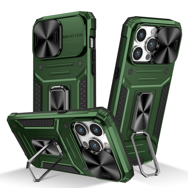 

For iPhone 14 Pro Camshield Robot TPU Hybrid PC Phone Case(Green)