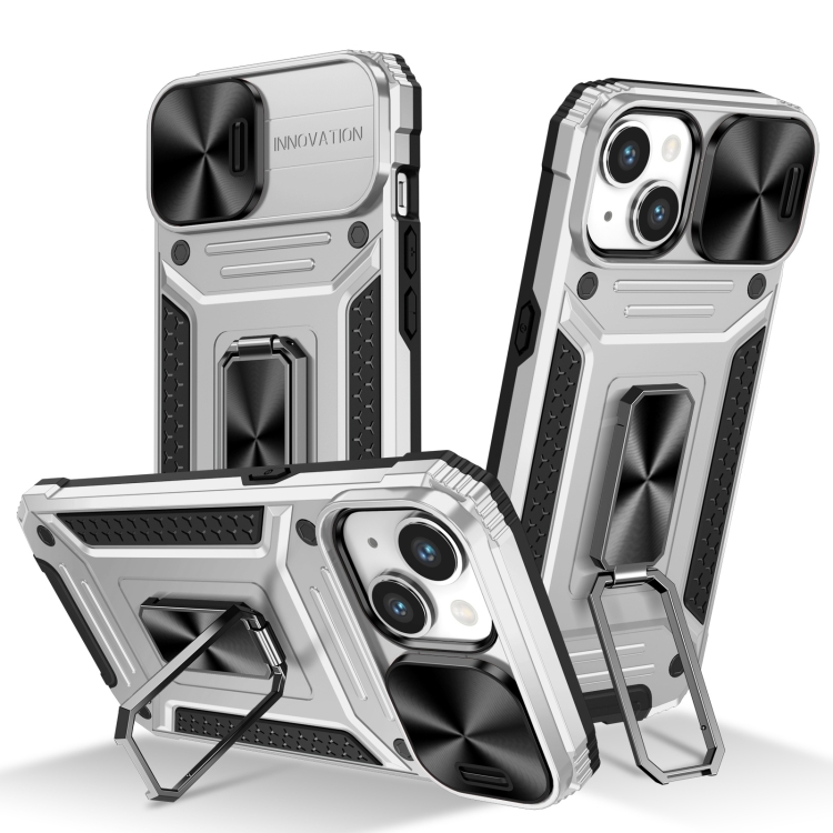 

For iPhone 15 Camshield Robot TPU Hybrid PC Phone Case(Silver)