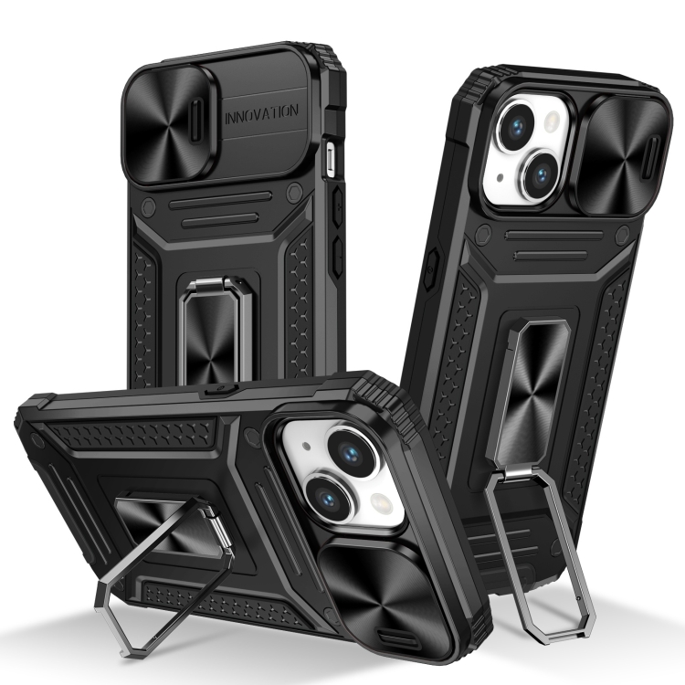 

For iPhone 15 Plus Camshield Robot TPU Hybrid PC Phone Case(Black)