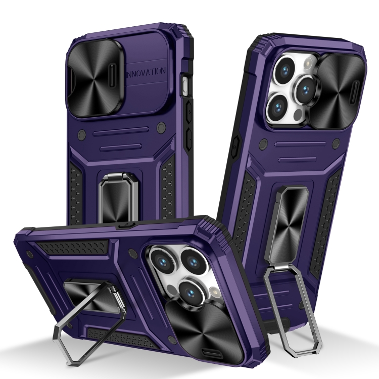 

For iPhone 15 Pro Camshield Robot TPU Hybrid PC Phone Case(Purple)