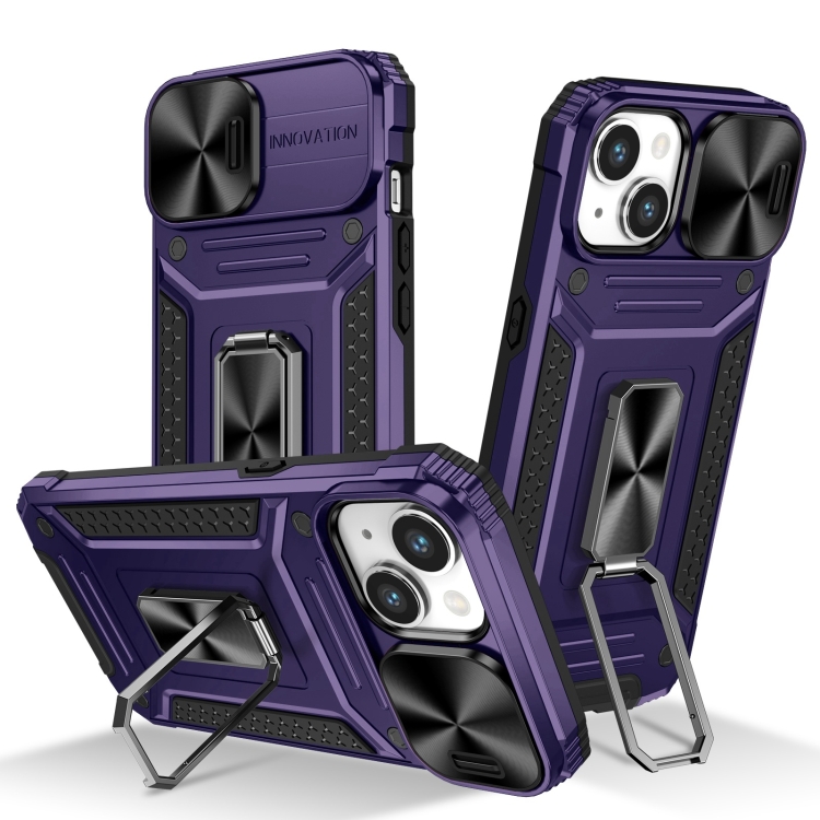

For iPhone 13 Camshield Robot TPU Hybrid PC Phone Case(Purple)