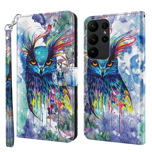 

For Samsung Galaxy S24 Ultra 5G 3D Painting Pattern Flip Leather Phone Case(Watercolor Owl)