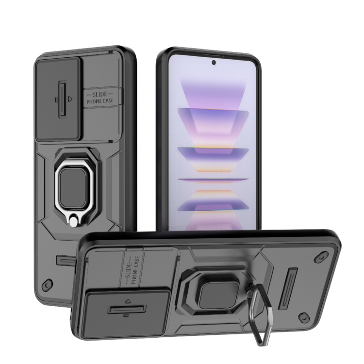 

For Xiaomi Redmi K60 5G Sliding Camshield TPU + PC Shockproof Phone Case with Holder(Black)