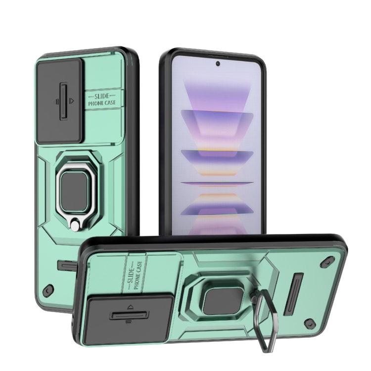 

For Xiaomi Redmi K60 5G Sliding Camshield TPU + PC Shockproof Phone Case with Holder(Green)