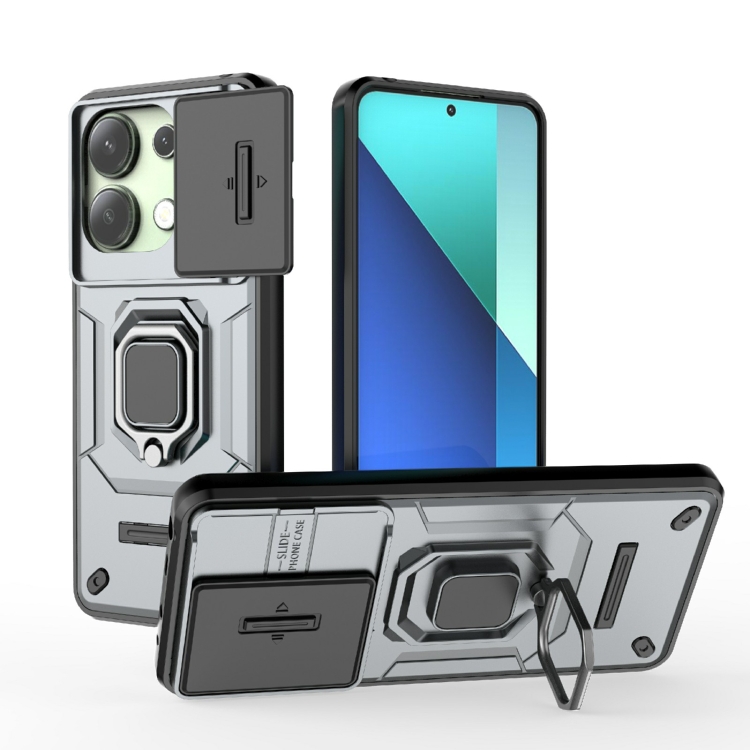 

For Xiaomi Redmi Note 13 4G Global Sliding Camshield TPU + PC Shockproof Phone Case with Holder(Grey)