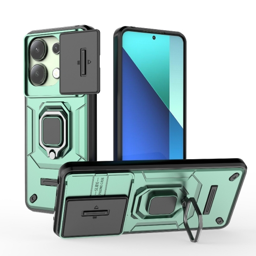 

For Xiaomi Redmi Note 13 4G Global Sliding Camshield TPU + PC Shockproof Phone Case with Holder(Green)