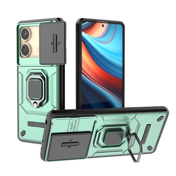 

For Xiaomi Redmi Note 13R Pro 5G Sliding Camshield TPU + PC Shockproof Phone Case with Holder(Green)