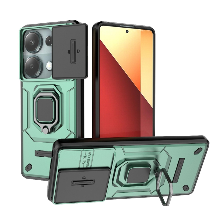 

For Xiaomi Redmi Note 13 Pro 4G Global Sliding Camshield TPU + PC Shockproof Phone Case with Holder(Green)