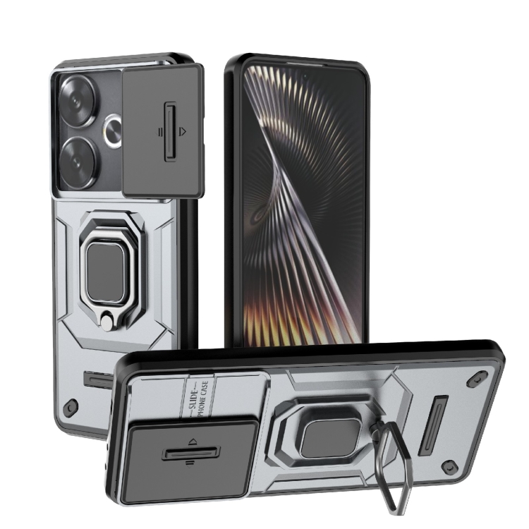 

For Xiaomi Redmi Turbo 3 5G Sliding Camshield TPU + PC Shockproof Phone Case with Holder(Grey)