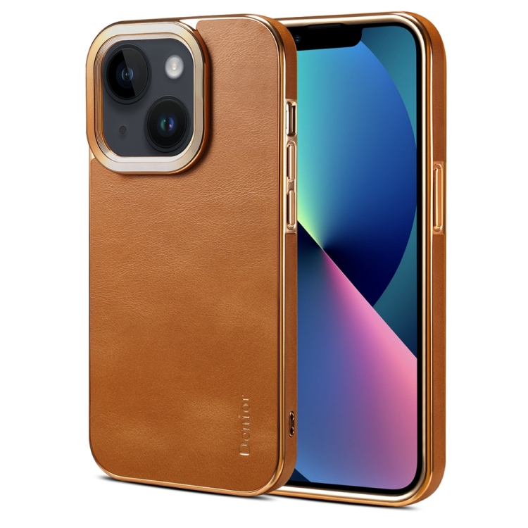 

For iPhone 13 Denior Cowhide Leather Plating Phone Case(Khaki)