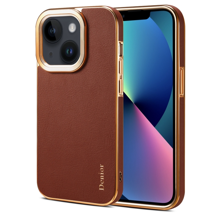 

For iPhone 13 Denior Cowhide Leather Plating Phone Case(Brown)