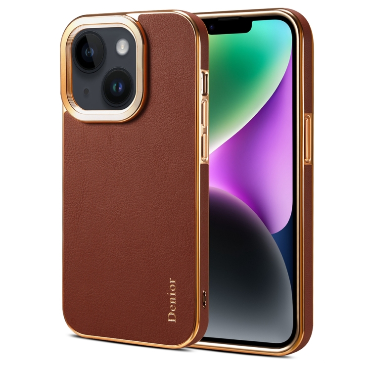 

For iPhone 14 Denior Cowhide Leather Plating Phone Case(Brown)