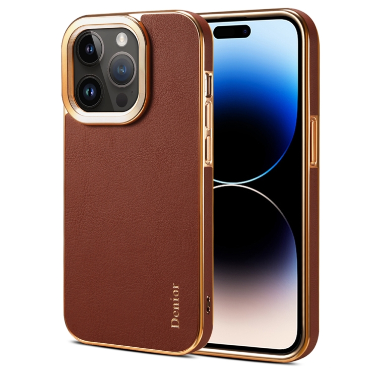 

For iPhone 14 Pro Max Denior Cowhide Leather Plating Phone Case(Brown)
