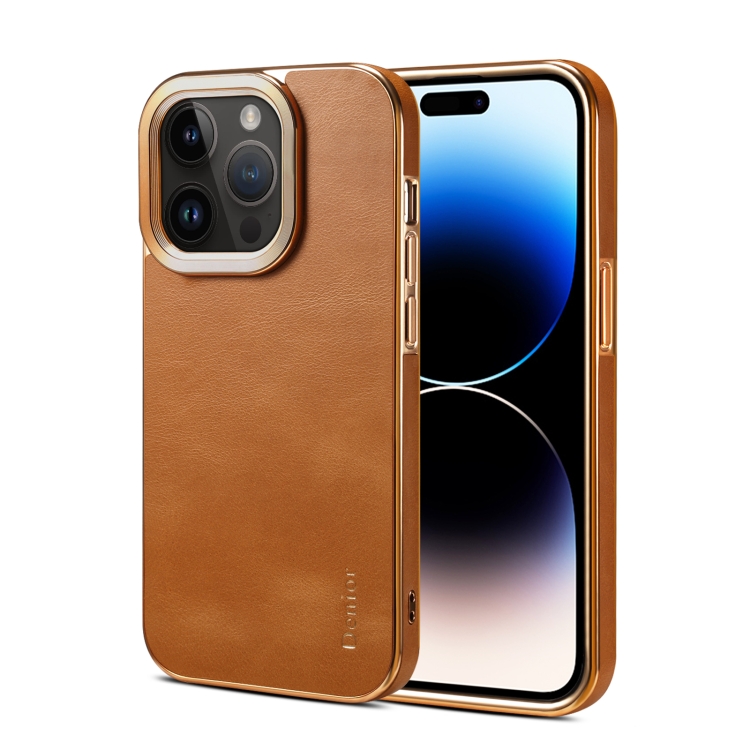 

For iPhone 15 Pro Max Denior Cowhide Leather Plating Phone Case(Khaki)