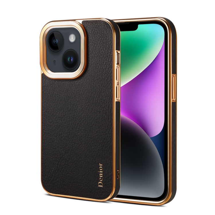 

For iPhone 15 Plus Denior Cowhide Leather Plating Phone Case(Black)