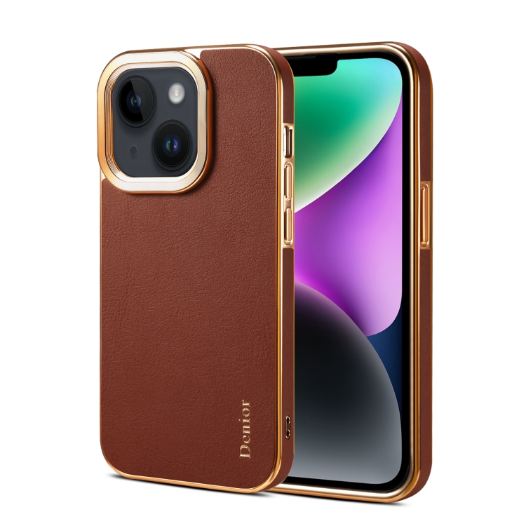 

For iPhone 15 Denior Cowhide Leather Plating Phone Case(Brown)
