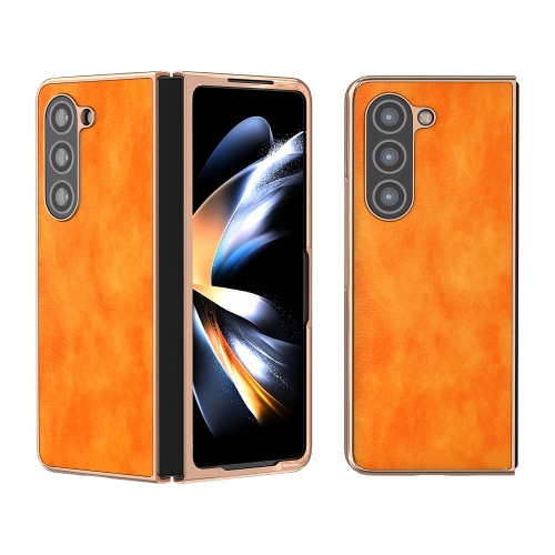 

For Samsung Galaxy Z Fold5 Nano Electroplating Dual Color Lichi Texture PU Phone Case(Orange)
