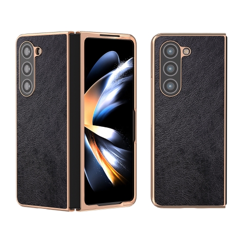 

For Samsung Galaxy Z Fold5 Nano Electroplating Dual Color Lichi Texture PU Phone Case(Black)