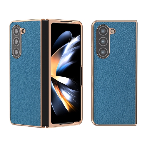 

For Samsung Galaxy Z Fold5 Nano Electroplating Genuine Leather Litchi Texture Phone Case(Blue)
