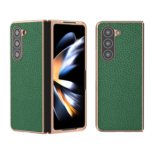 

For Samsung Galaxy Z Fold5 Nano Electroplating Genuine Leather Litchi Texture Phone Case(Green)