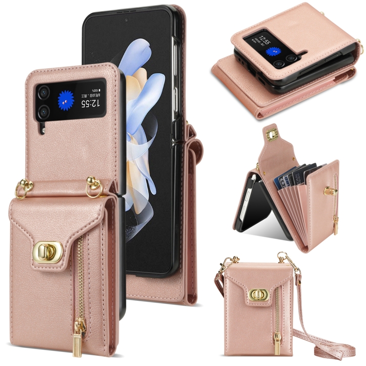 

For Samsung Galaxy Z Flip4 Zipper Card Slots Folding Phone Case with Long Lanyard(Rose Gold)