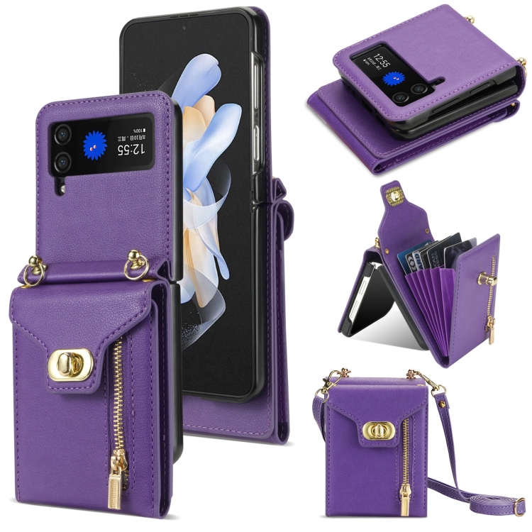 

For Samsung Galaxy Z Flip4 Zipper Card Slots Folding Phone Case with Long Lanyard(Purple)