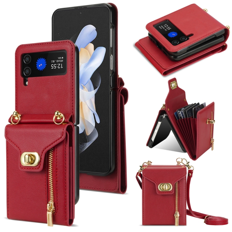 

For Samsung Galaxy Z Flip4 Zipper Card Slots Folding Phone Case with Long Lanyard(Red)