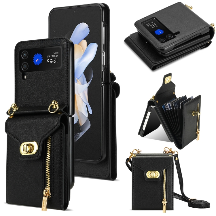 

For Samsung Galaxy Z Flip3 Zipper Card Slots Folding Phone Case with Long Lanyard(Black)