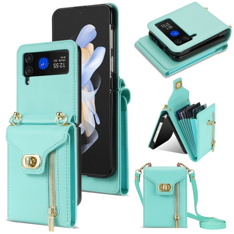 

For Samsung Galaxy Z Flip3 Zipper Card Slots Folding Phone Case with Long Lanyard(Mint Green)
