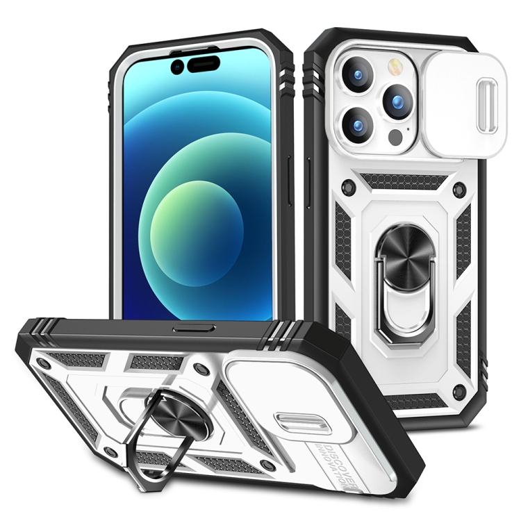

For iPhone 15 Pro Max Sliding Camshield Holder Phone Case(White+Black)