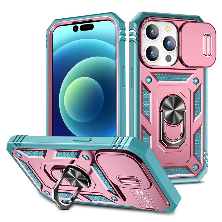 

For iPhone 15 Pro Max Sliding Camshield Holder Phone Case(Pink+Green)