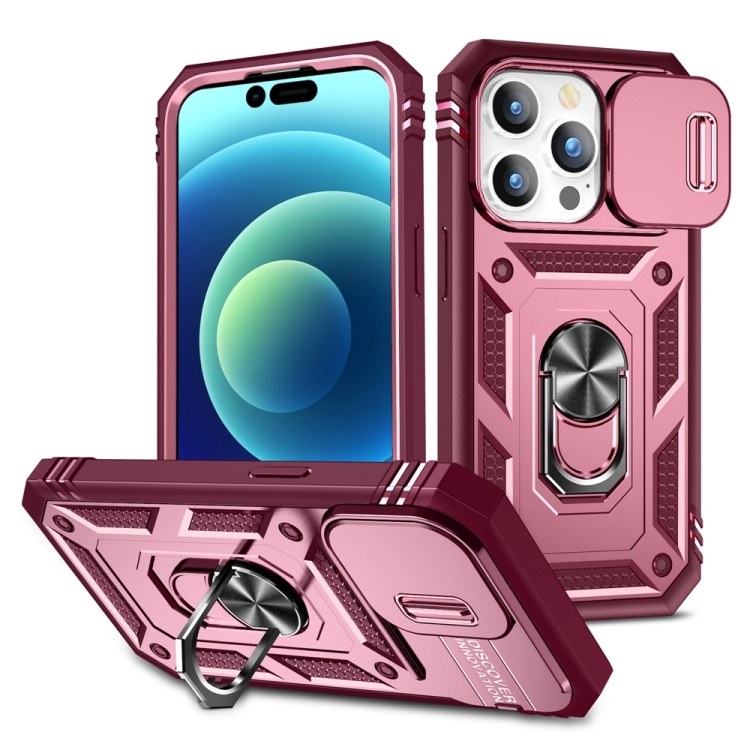 

For iPhone 15 Pro Sliding Camshield Holder Phone Case(Pink+Rose Red)
