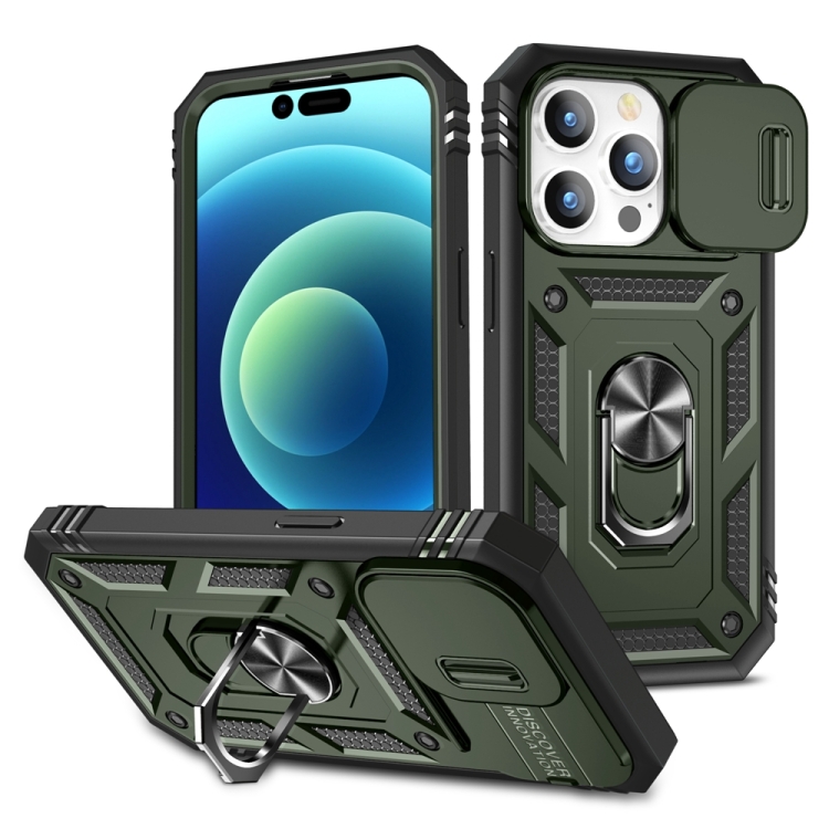 

For iPhone 15 Pro Sliding Camshield Holder Phone Case(Army Green)