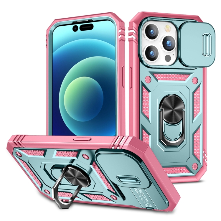 

For iPhone 15 Pro Sliding Camshield Holder Phone Case(Green+Pink)