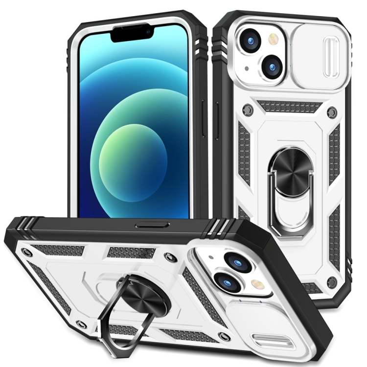 

For iPhone 15 Plus Sliding Camshield Holder Phone Case(White+Black)
